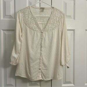 Lucky Brand Button Down V-Neck Swiss Dot & Lace Long Sleeve Cotton Women’s Top M